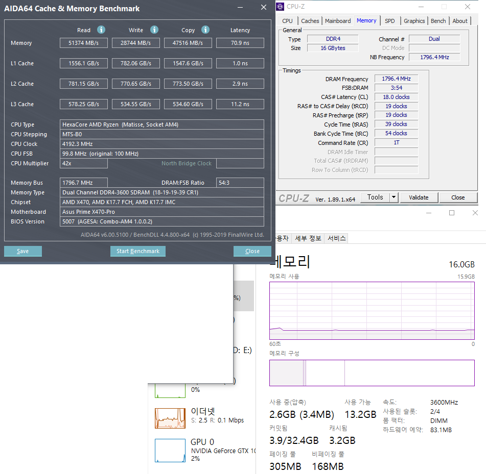 젠2 3600 X470보드 램오버 3600 Aida Cpu 메인보드 램 퀘이사존