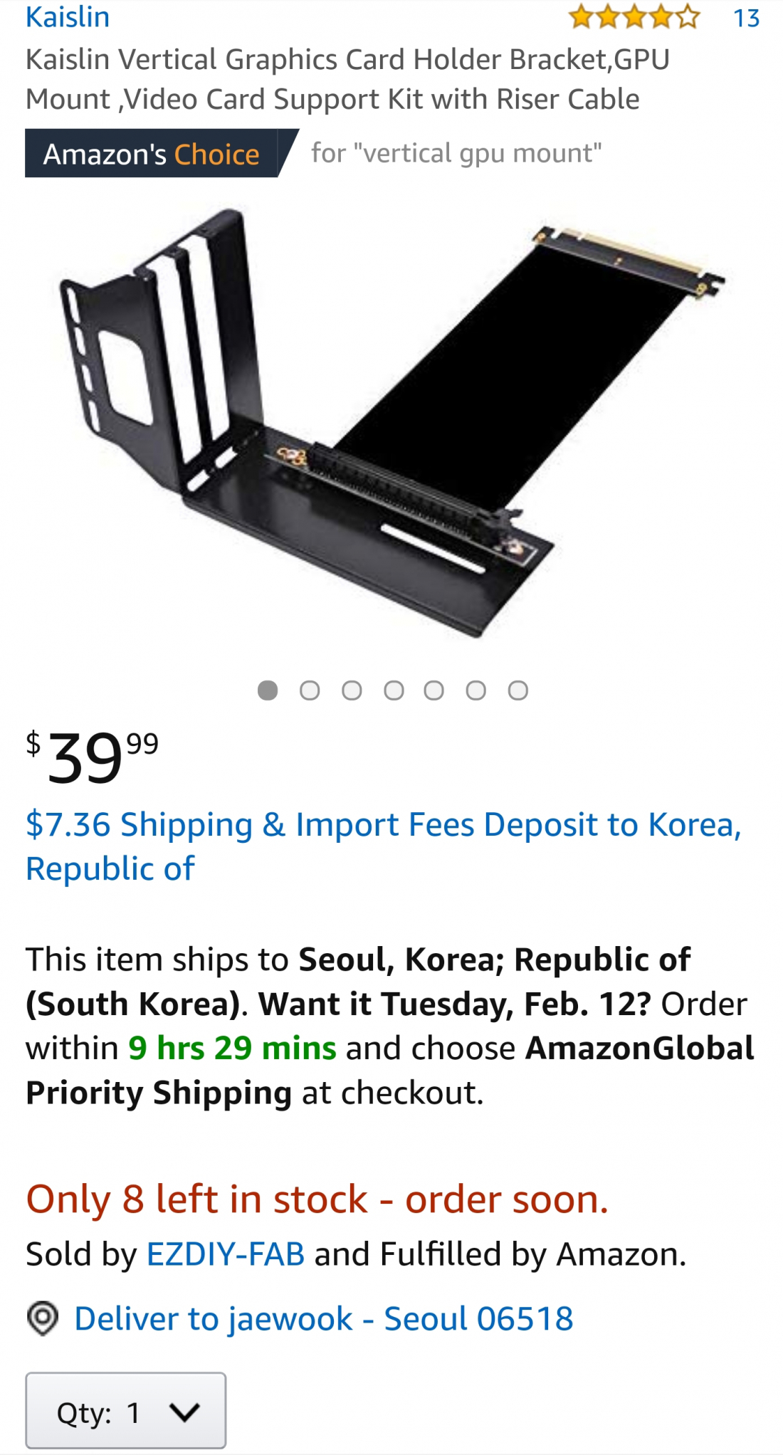 [아마존]39.99 Kaislin Vertical Graphics Card Holder Bracket,GPU Mount