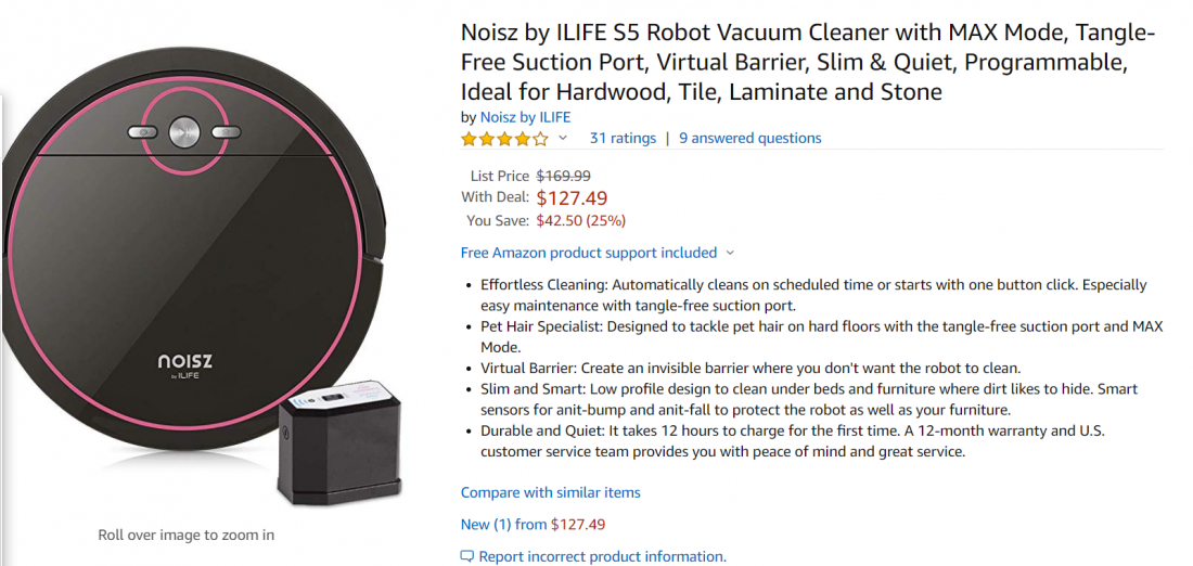 [Amazon] Noisz by ILIFE S5 Robot Vacuum Cleaner(127.49/무배) > 지름/할인정보